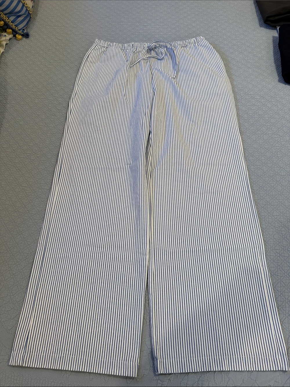 Striped Wide Leg Drawstring Pants - Blue & White